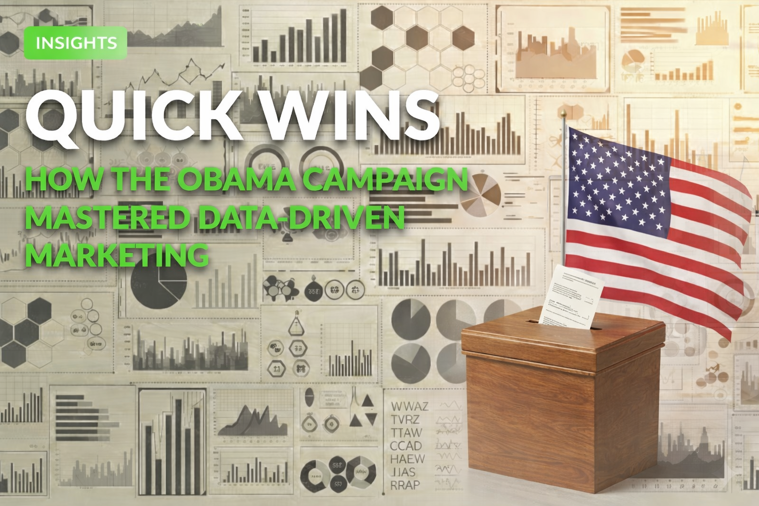 Insights, Quick Wins, How The Obama Campaign Mastered Data-Driven Marketing, an American flag and ballot box placed upon a background scree of data analysis.